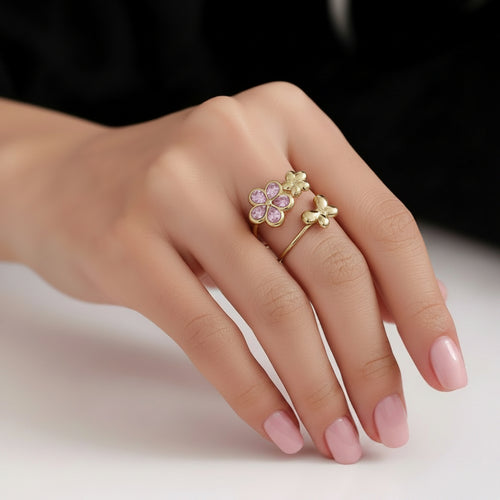 Anel de Flores e Borboleta em Aço Inoxidável com banho de ouro 14k.