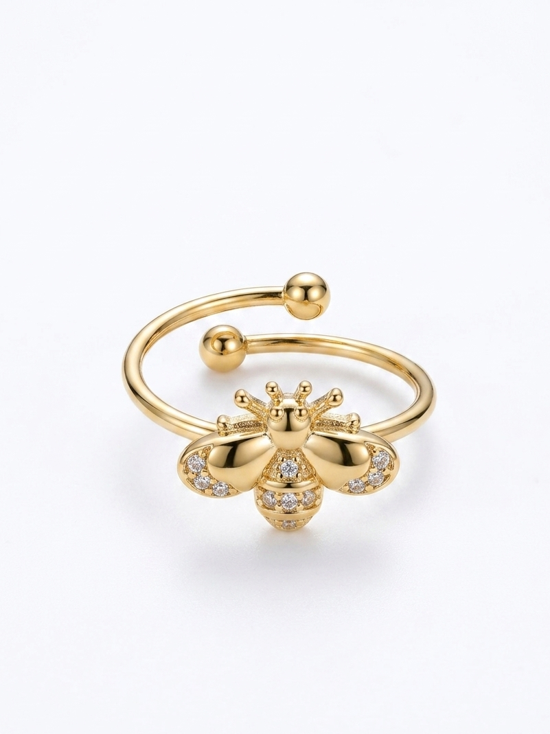 Anel de Abelha em Aço Inoxidável com Zircónias com banho de ouro 14k.