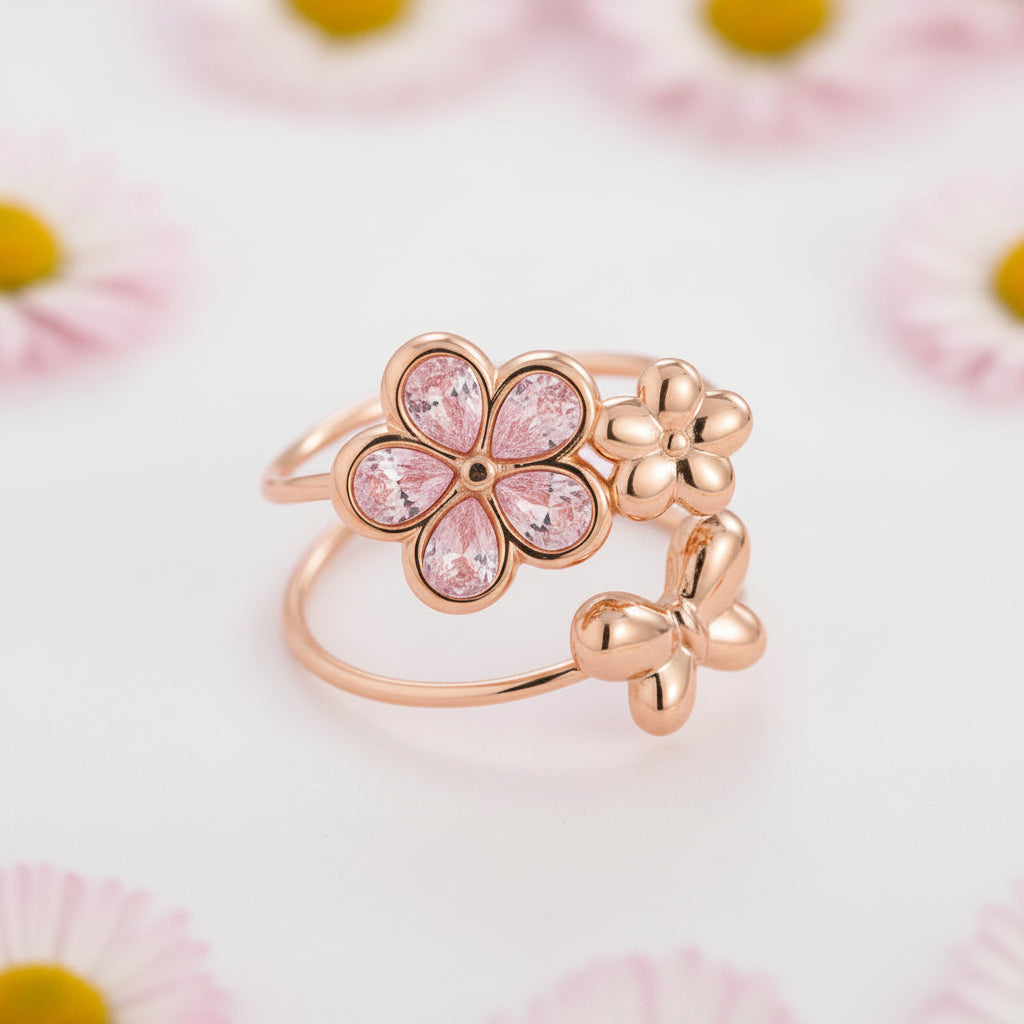 Anel de Flores e Borboleta em Aço Inoxidável com banho de ouro 14k.