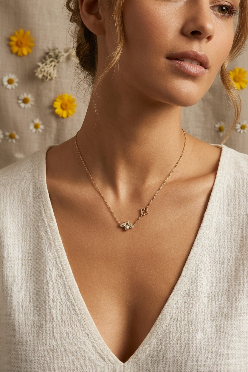 Colar Abelha Rhinestone em Aço com banho de ouro 14k.