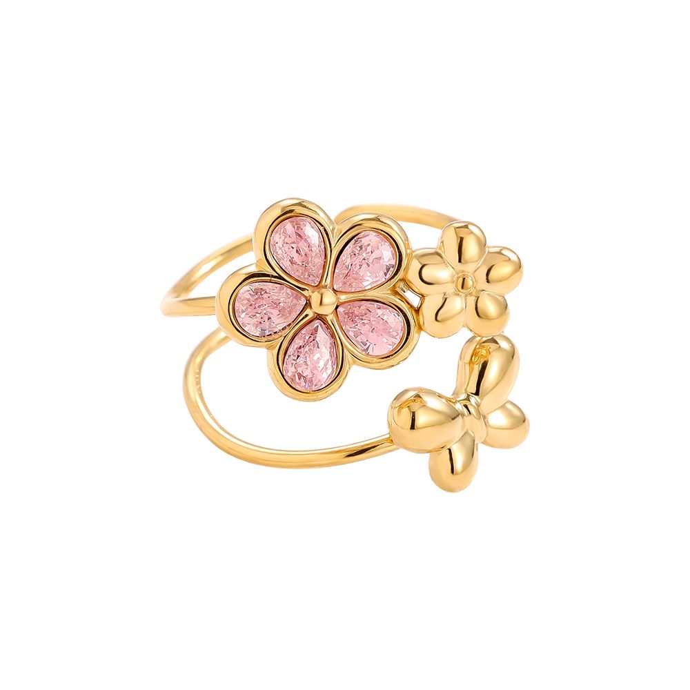 Anel de Flores e Borboleta em Aço Inoxidável com banho de ouro 14k.